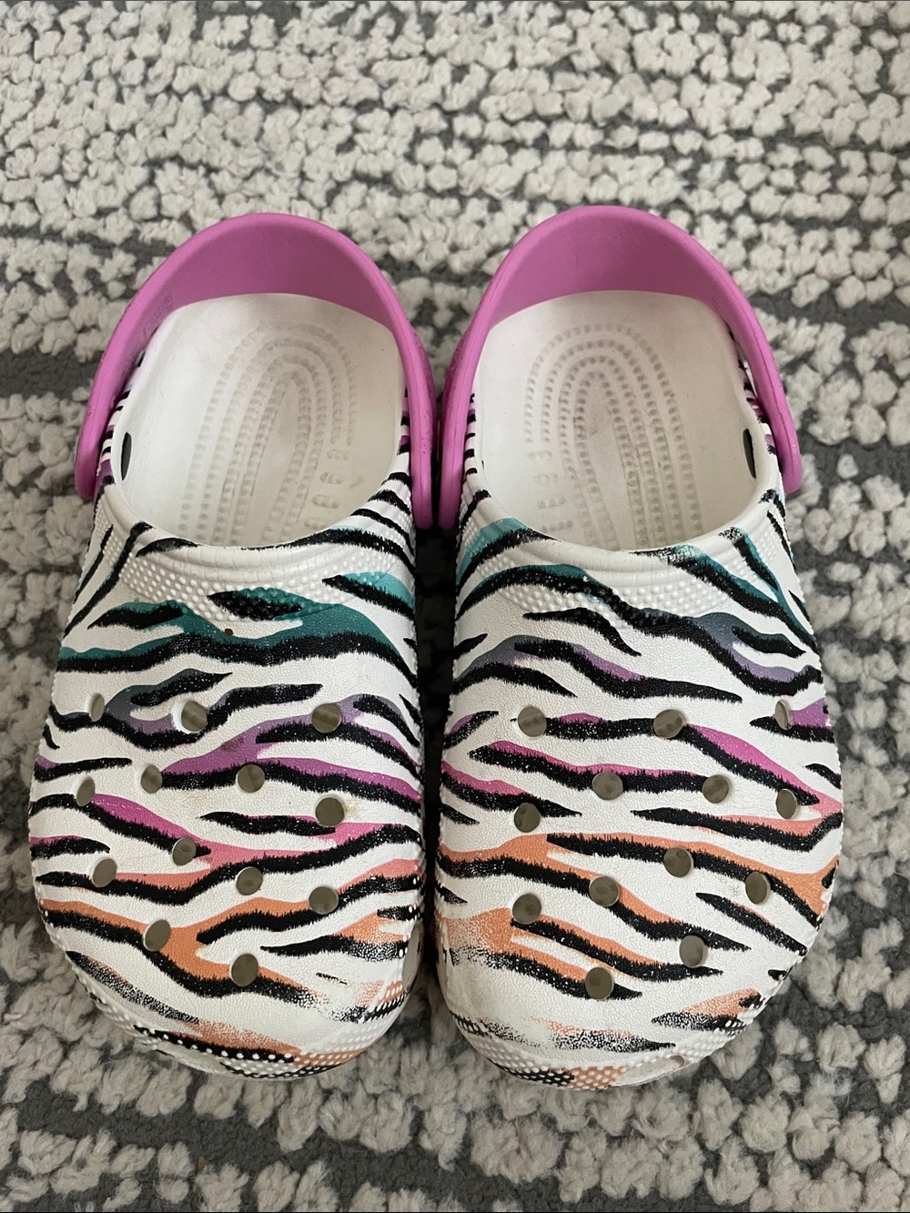 CROCS Kids Zebra Stripe Clogs with Pink Heel Strap and Multicolor Accents
